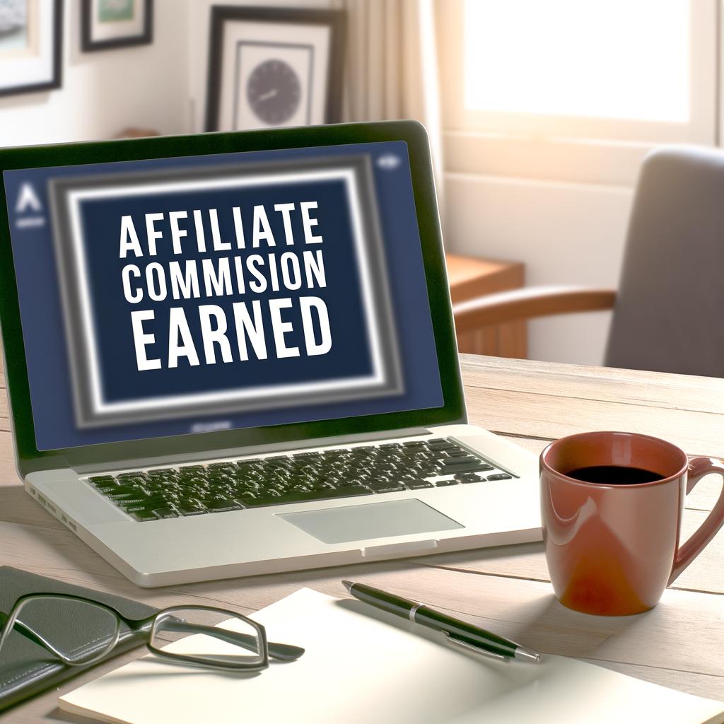 A neatly organized workspace with a laptop open to an affiliate commission earned screen