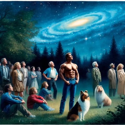 DALL·E 2024-04-17 14.21.47 - A serene nighttime scene depicting a group of diverse people, including children and adults, gathered in a clearing under a star-filled sky. They are 
