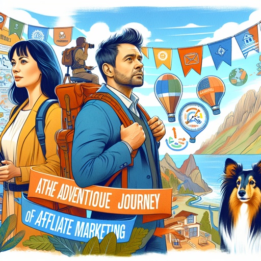 Digital artwork for a guide on preparing a WordPress site for affiliate marketing, showing two figures in explorer attire looking out over a vibrant landscape symbolizing the beginning of an affiliate marketing adventure. A Sheltie Dog looks onward.